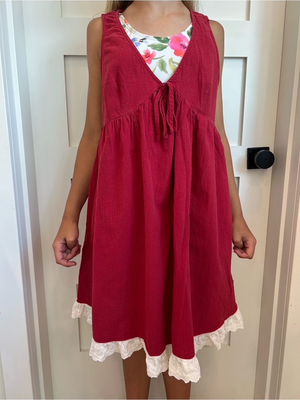Girls vintage Red Sleeveless Tie-Front Dress with Lace Trim